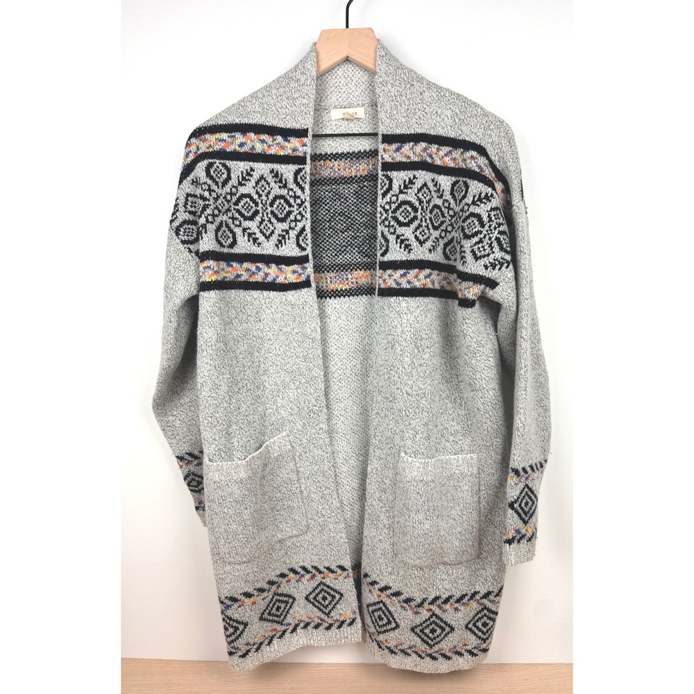 Debut‎ Womens Open Front Cardigan Sweater S/M Gray Black Patterned Pockets
